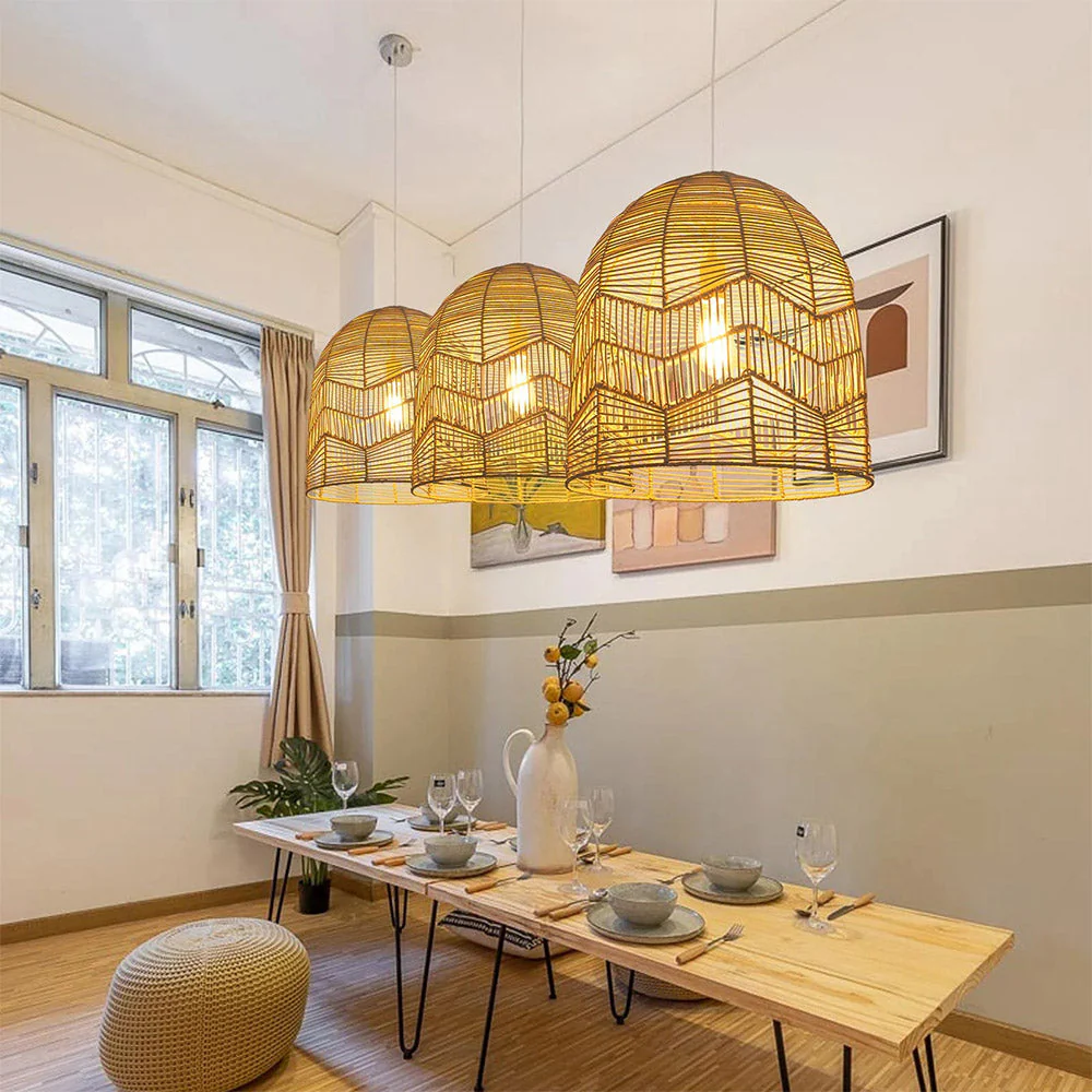 Vintage Handmade Basket Rattan Round Shades Pendant Light - Image 3
