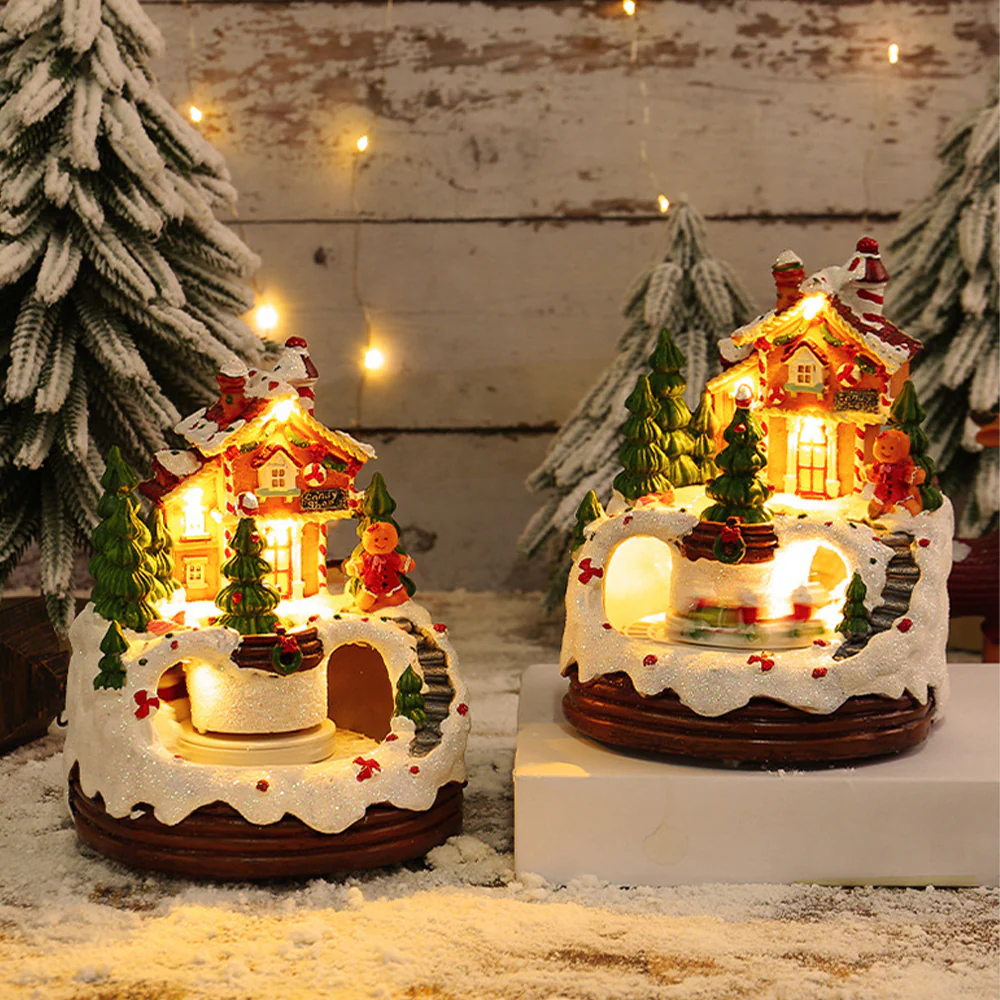 Warm Village House Resin Christmas Lightings With Music Box And Motorized Train - Image 13